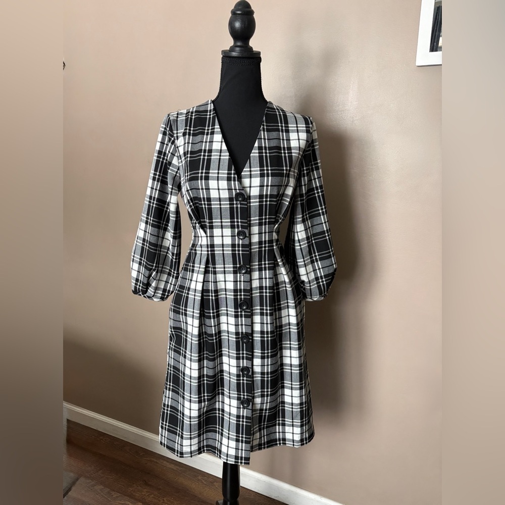 MANGO MNG Casual black & white checked midi dress button down front NWOT sz S - Picture 4 of 14